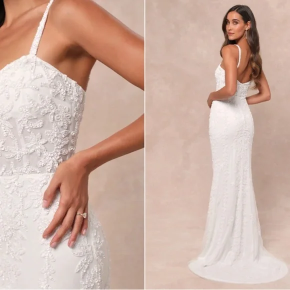 LULUS Bridal Wedding Elegant Sophisticated STUNNING Beaded Mermaid Gown